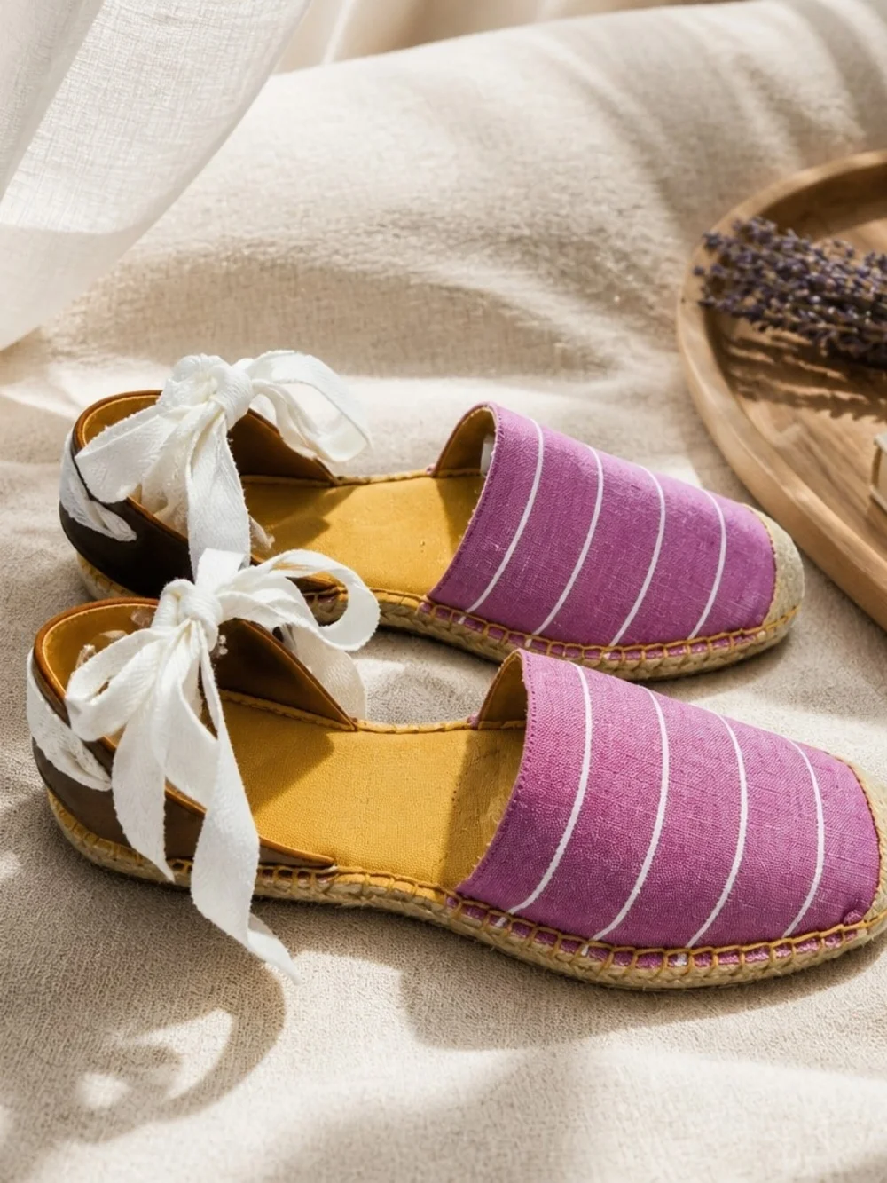 Talbots Lavender Striped Espadrille Sandals with White Ankle Tie Size 8 - Picture 2 of 13